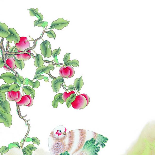 桃树下的小鸡工笔画