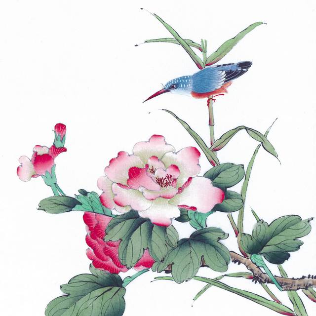 鸟儿与粉花工笔画