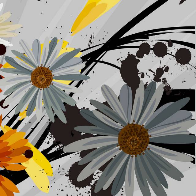 黑色泼墨线条橙黄灰非洲菊装饰画2