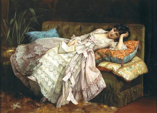 躺在沙发上的粉衣女孩欧洲宫廷油画