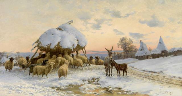 冬日羊群风景装饰画