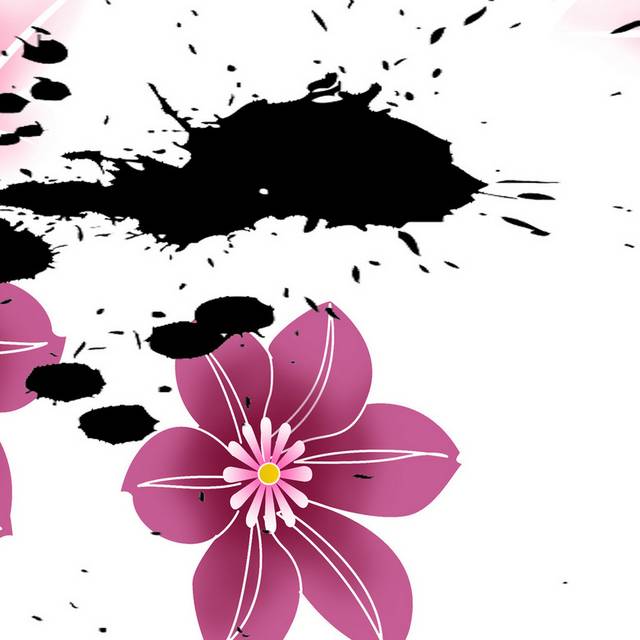 黑色泼墨粉色花朵装饰画2