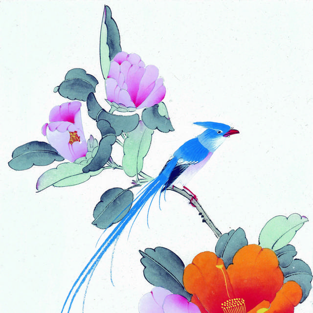 蓝色鹦鹉鲜花工笔装饰画