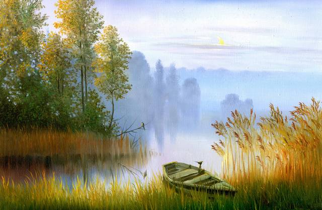 秋林湖畔小船装饰画