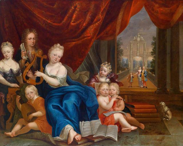 演奏乐器的女人和小孩宫廷油画装饰画