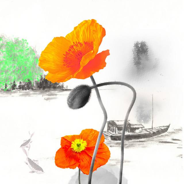 水墨风景橙色花卉装饰画1