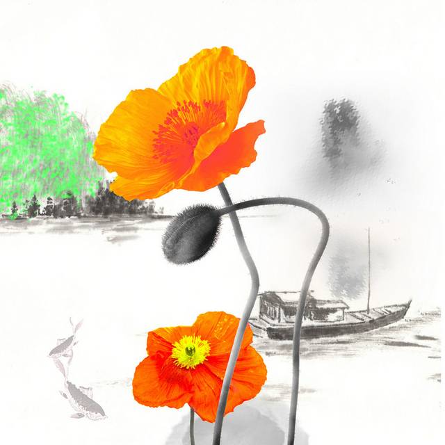 水墨风景橙色花卉装饰画1