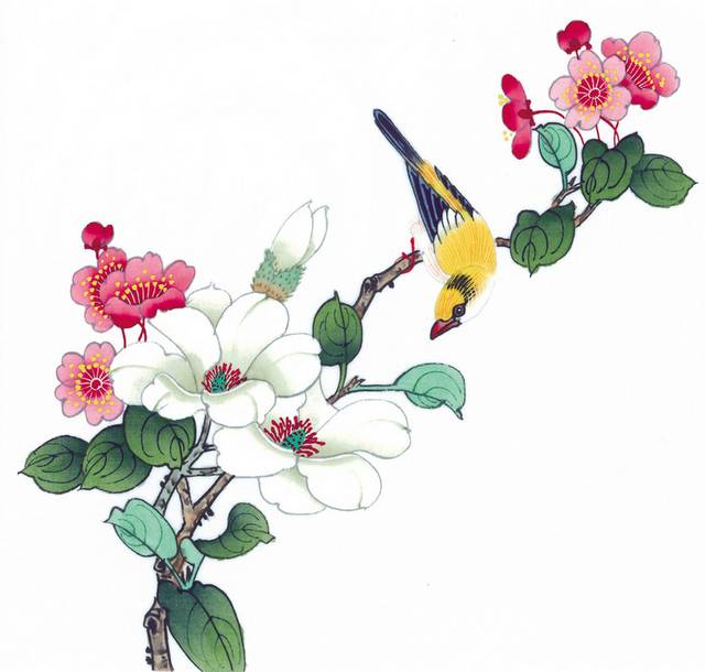 红色花朵与黄色鸟