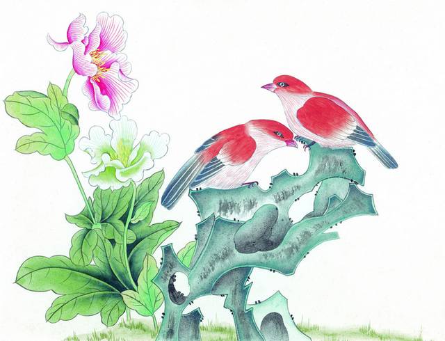 红色花与鸟工笔画素材