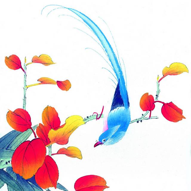 蓝鸟与红树叶工笔画素材