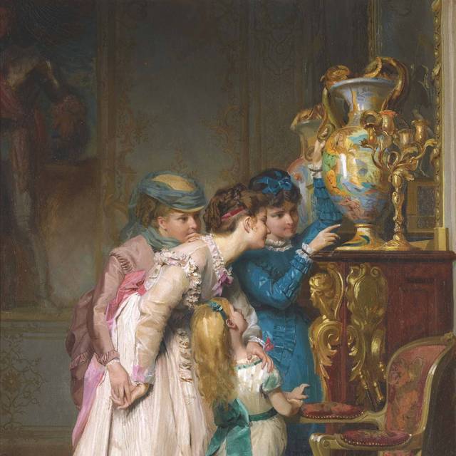 欣赏花瓶的女人宫廷油画装饰画
