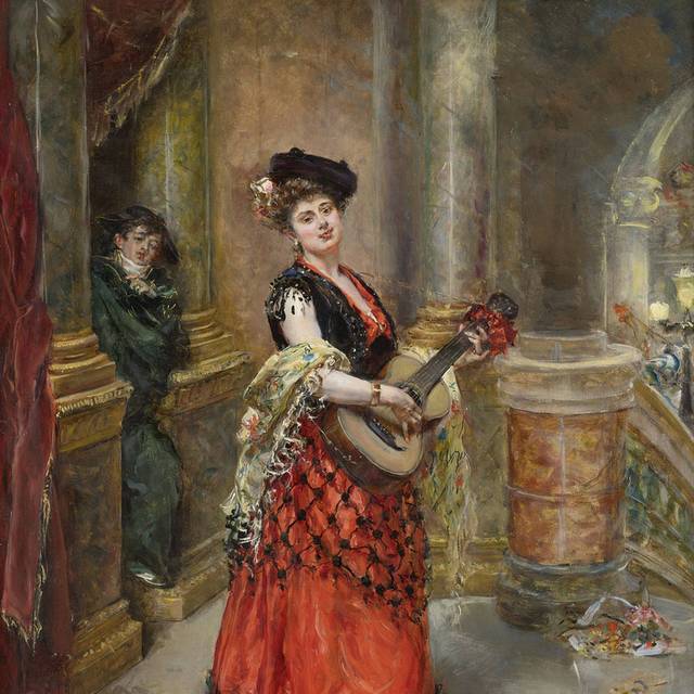 弹乐器的红衣少女宫廷油画装饰画