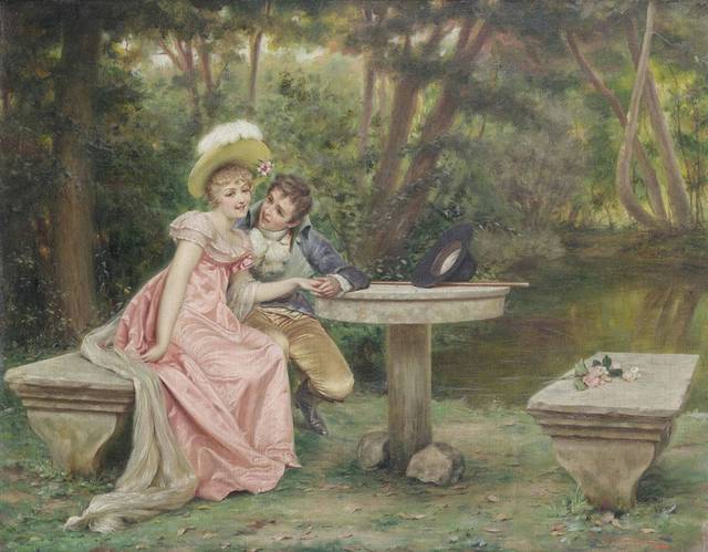 坐在花园里交谈的情侣宫廷油画装饰画