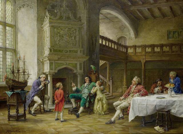壁炉旁的男人和小孩宫廷油画装饰画