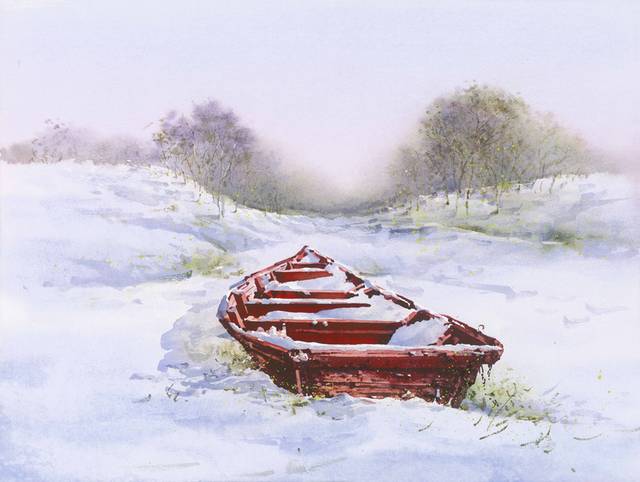 冬季河道小船装饰画
