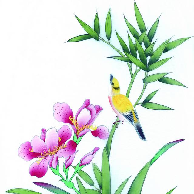 粉红花朵与黄鸟工笔画