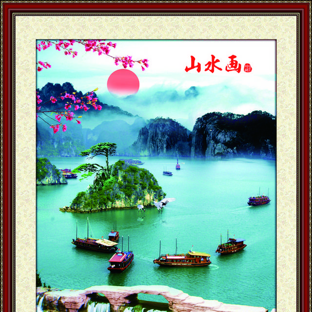 山水花瀑布船玄关画素材