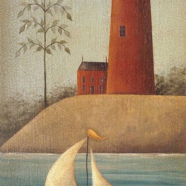 手绘复古海岸灯塔装饰画