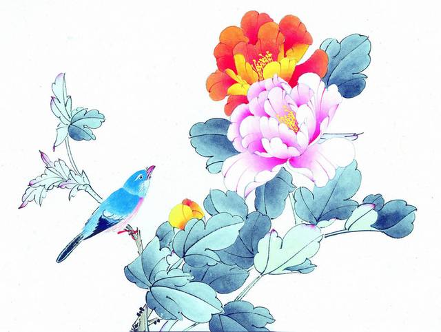 蓝鸟与粉橘色牡丹装饰画