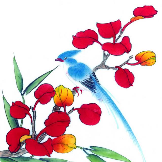 红叶与蓝色鸟工笔画
