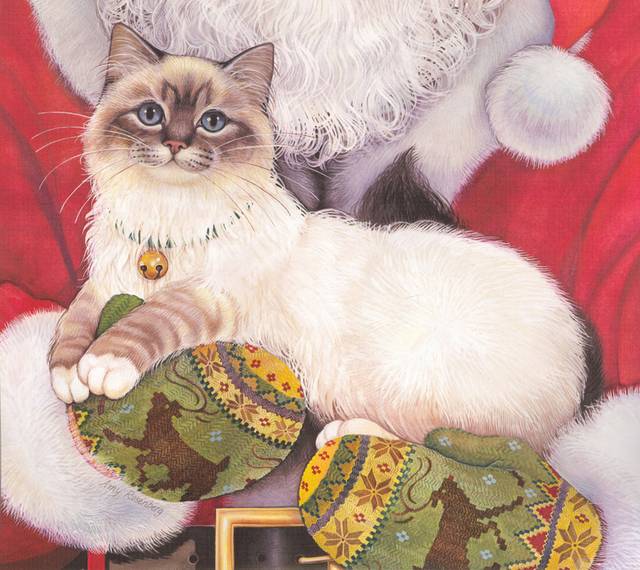 圣诞老人怀里的猫装饰画
