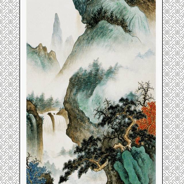 秋山飞瀑水墨玄关画