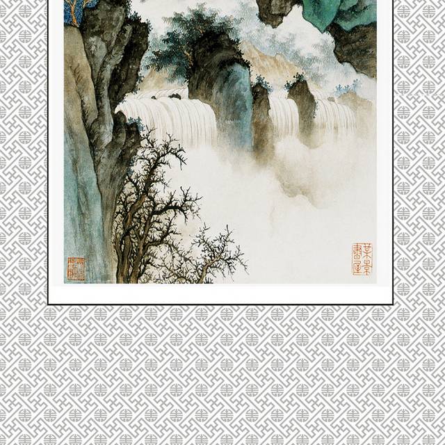 秋山飞瀑水墨玄关画