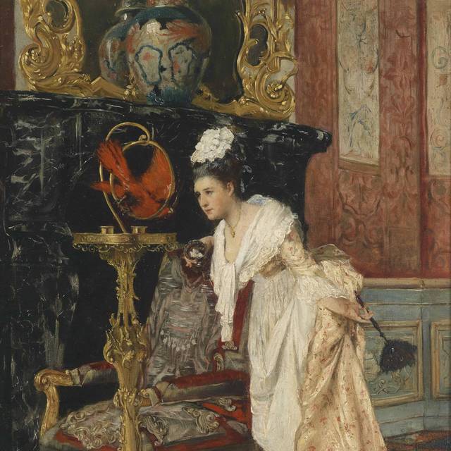 逗红色鹦鹉的女人宫廷油画装饰画