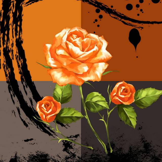 橙灰图框泼墨手绘玫瑰装饰画2
