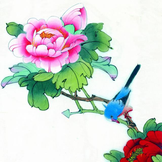 蓝鸟与粉牡丹工笔画