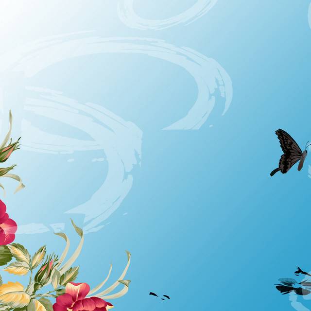 蓝色晕染手绘花卉蜂蝶装饰画1