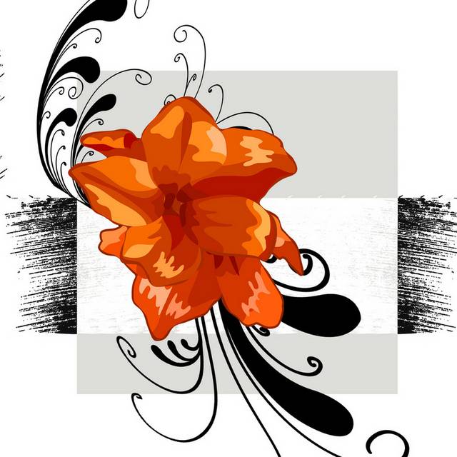 黑色线条图形橙色花卉装饰画2