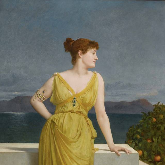 靠在白色台阶旁的女人宫廷油画装饰画