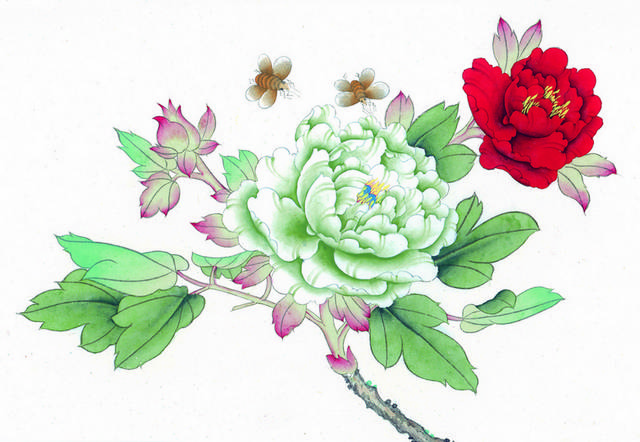红绿花朵工笔装饰画