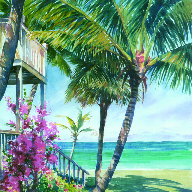 水彩精美树林海滩装饰画2