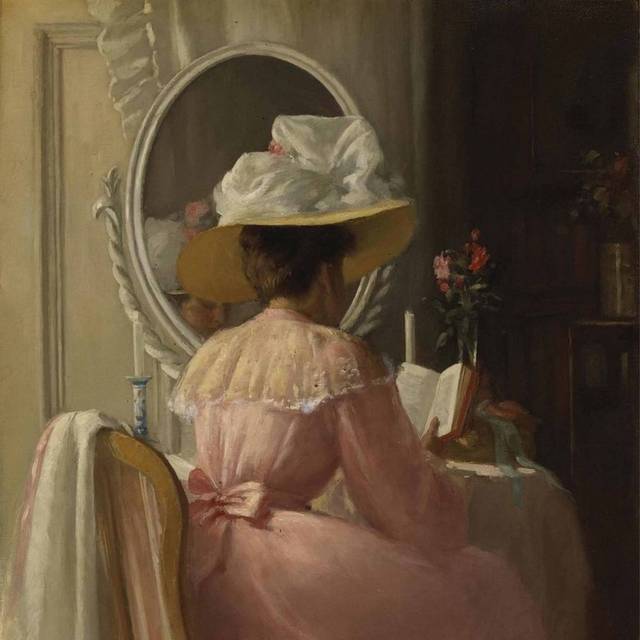 镜子前看书的女孩宫廷油画装饰画