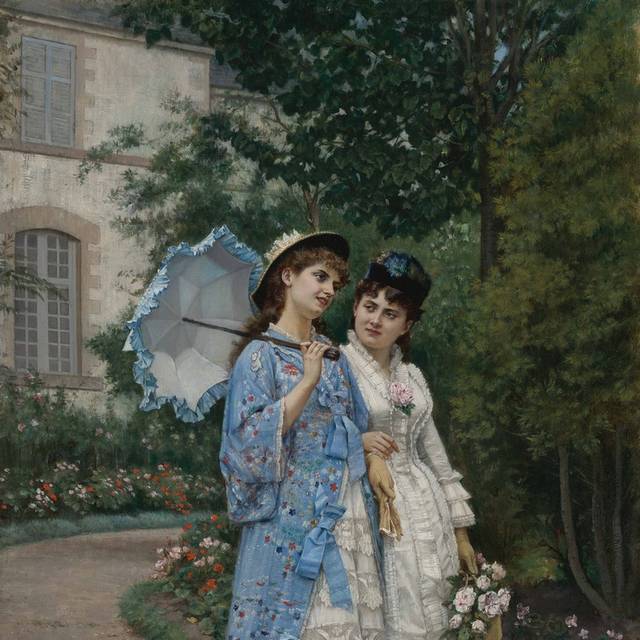 花园散步的少女欧洲宫廷油画
