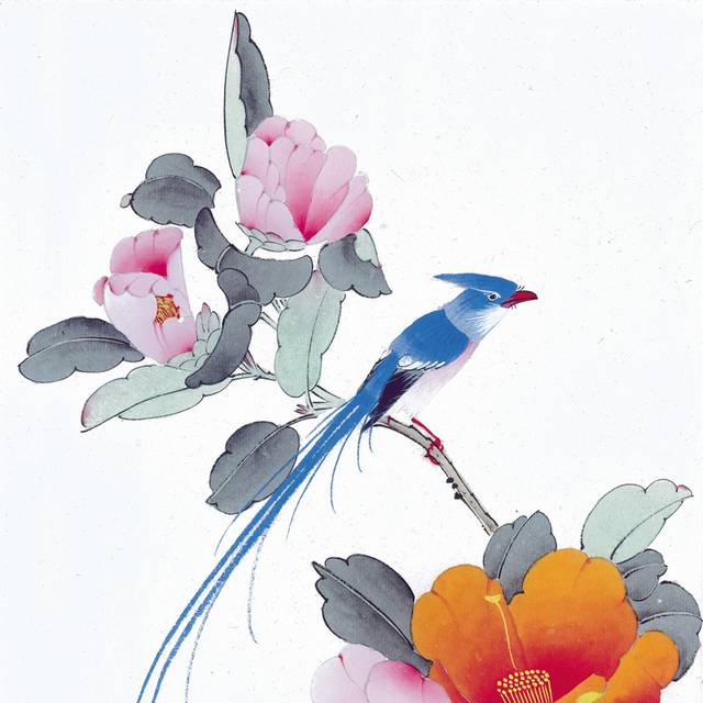 蓝鸟与花卉工笔画、