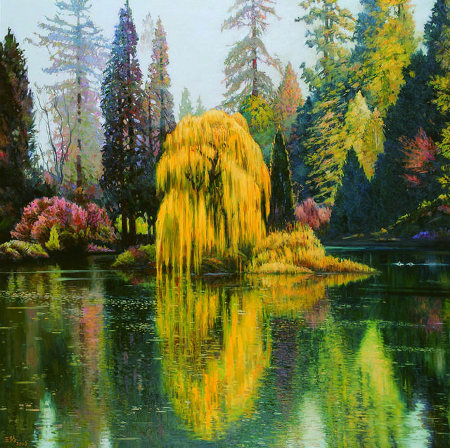 湖畔春季树林装饰画