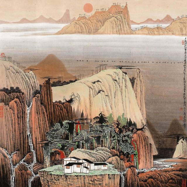 夕阳下的山水装饰画
