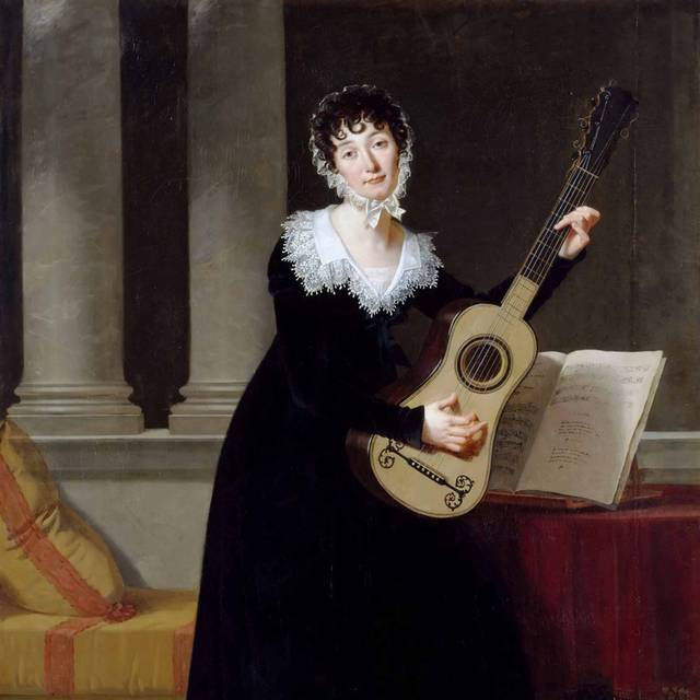 弹乐器的黑裙女孩欧洲宫廷油画