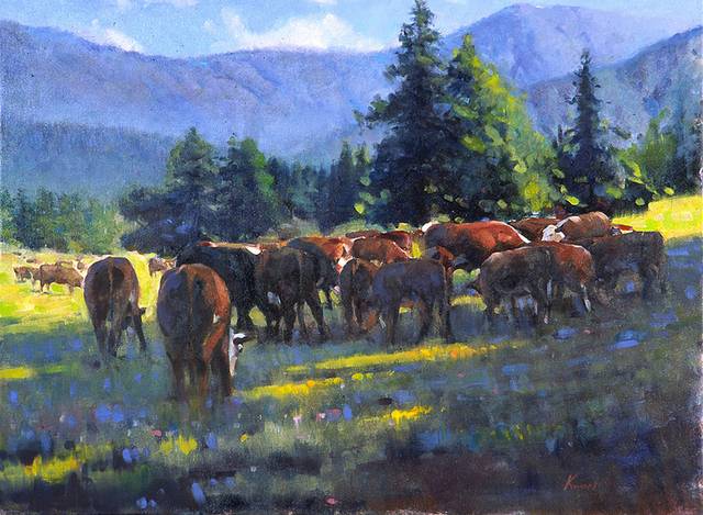 安静吃草的牛群装饰画素材