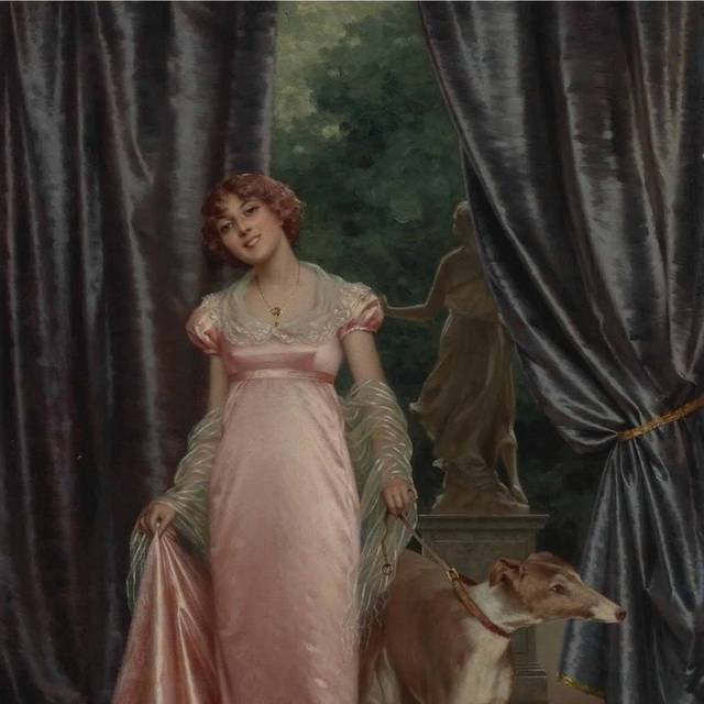牵着狗的粉衣女孩宫廷油画装饰画