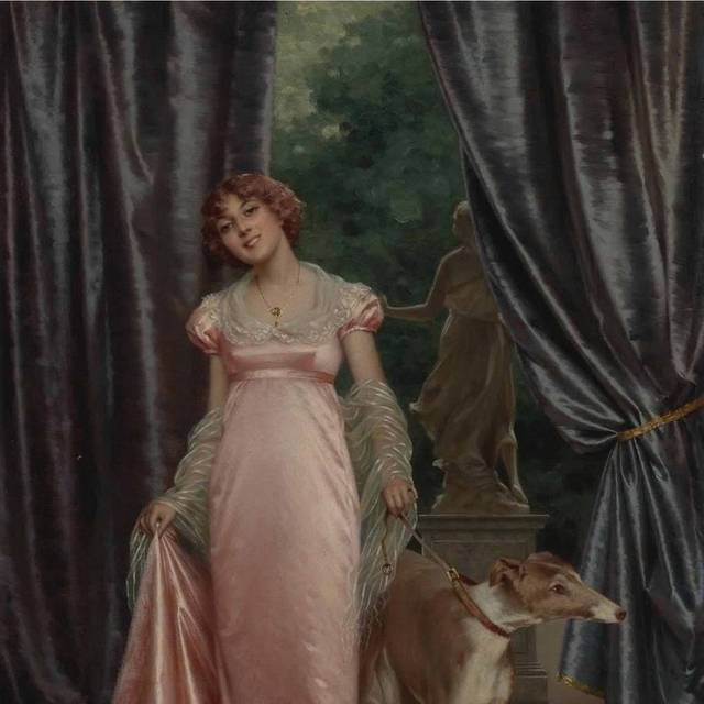 牵着狗的粉衣女孩宫廷油画装饰画