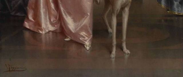 牵着狗的粉衣女孩宫廷油画装饰画