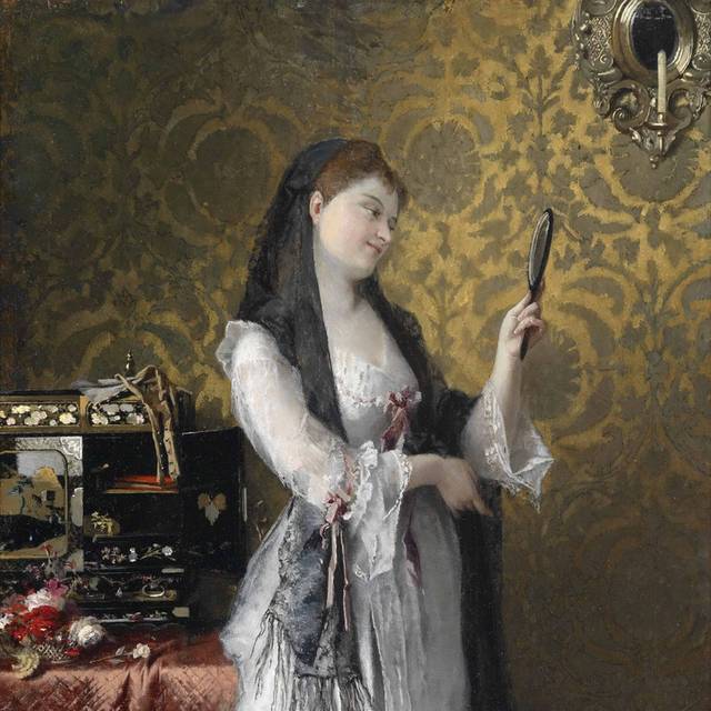 照镜子的白裙女孩欧洲宫廷油画