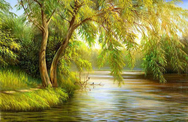 手绘河畔柳树装饰画