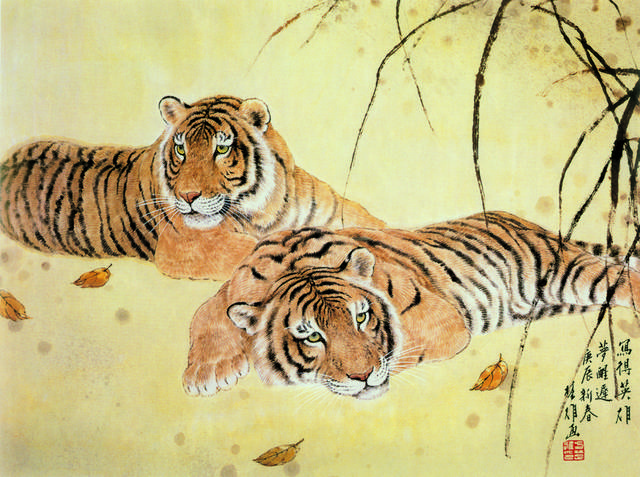 两只老虎国画
