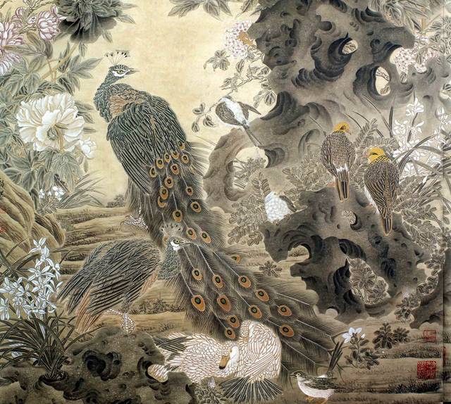 花园孔雀鸟国画