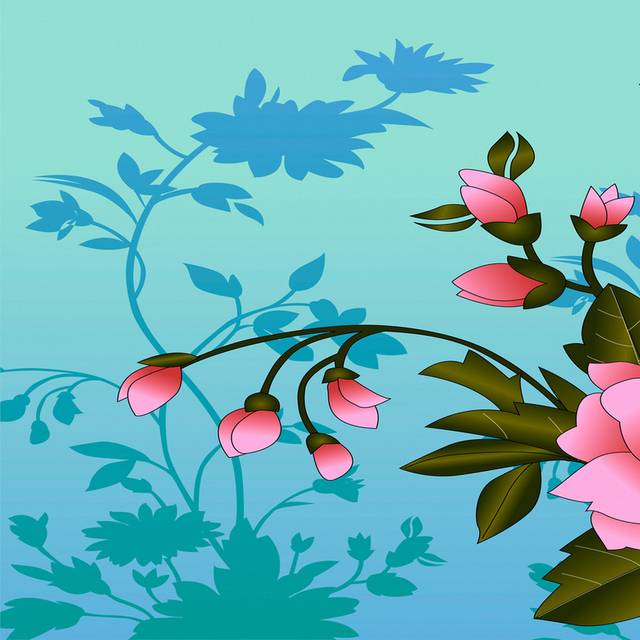 蓝绿渐变花印粉色花卉装饰画